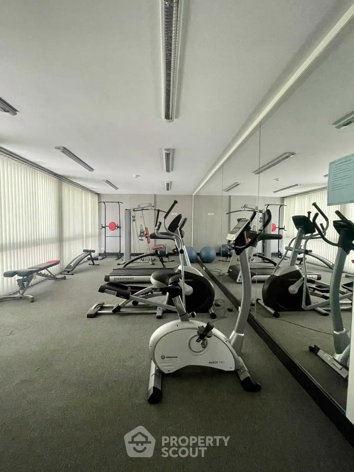 Modern gym with exercise equipment and mirrored walls in a residential building.