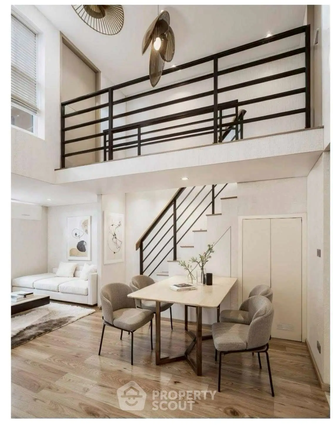 Stunning modern living room with mezzanine, elegant dining area, and stylish decor.