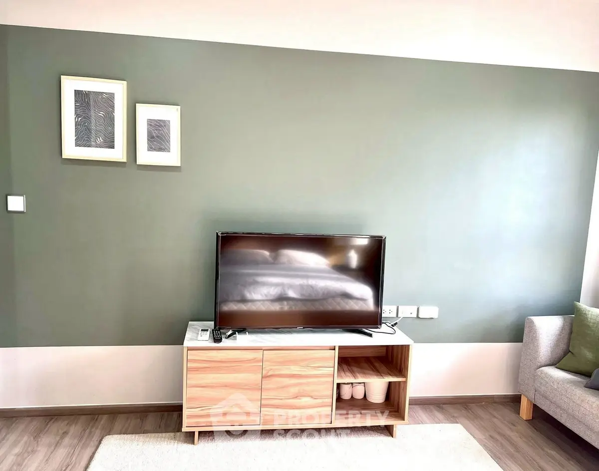 Modern living room with sleek TV stand and stylish decor