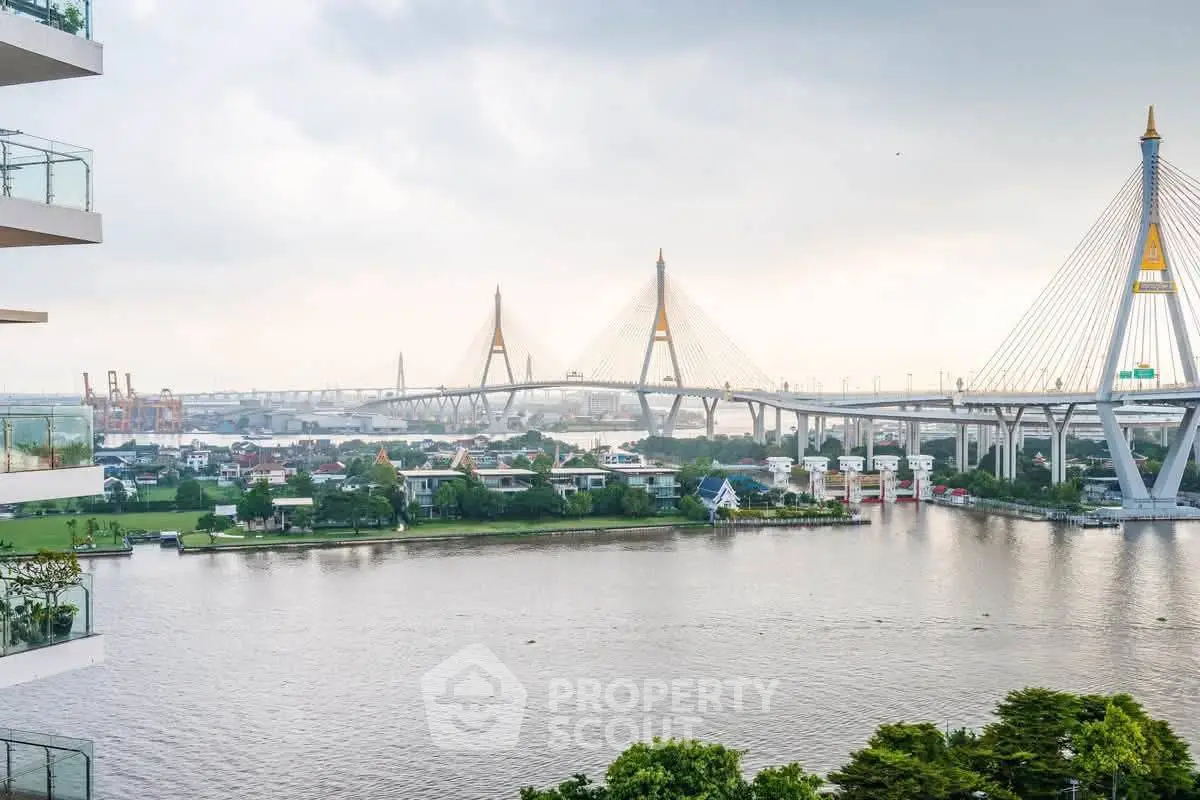 Stunning river view with iconic bridge from a high-rise balcony, perfect for urban living.