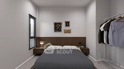 Modern minimalist bedroom with stylish decor and natural light