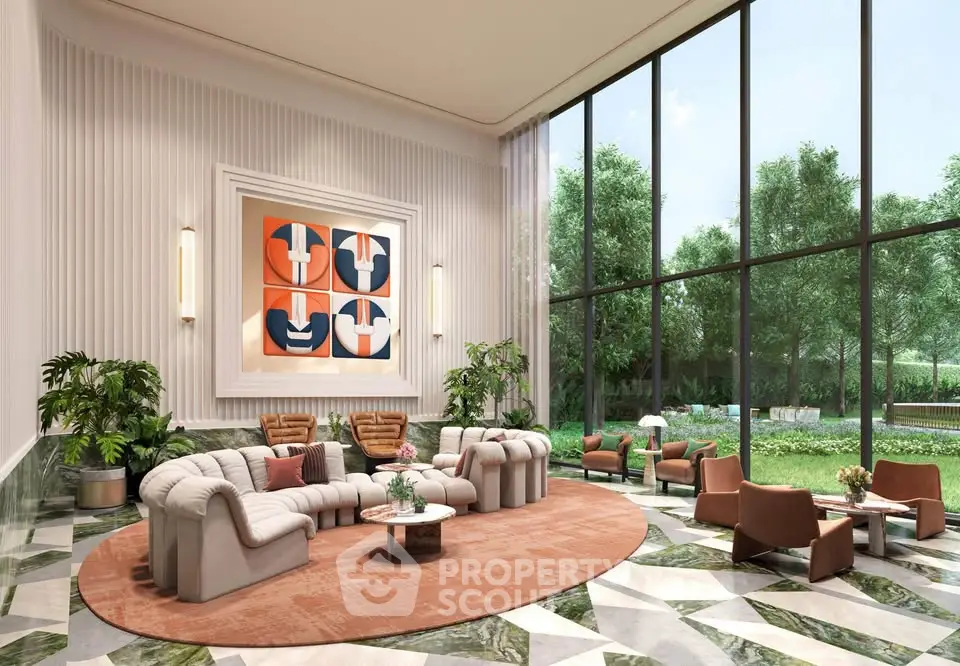 Luxurious living room with floor-to-ceiling windows and garden view, featuring modern furniture and elegant decor.