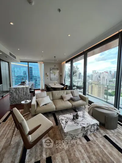 Luxurious modern living room with panoramic city views and elegant marble accents.