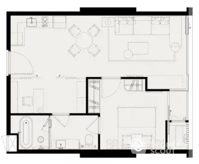 Modern apartment floor plan with spacious layout and stylish design.