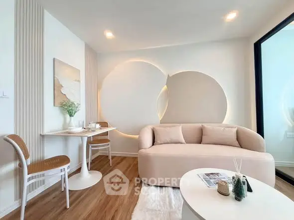 Modern living room with stylish furniture and unique wall design