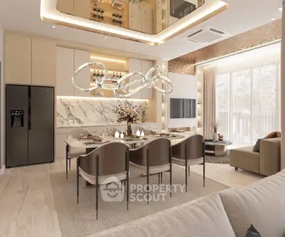 Luxurious open-plan living and dining area with modern decor and elegant lighting.