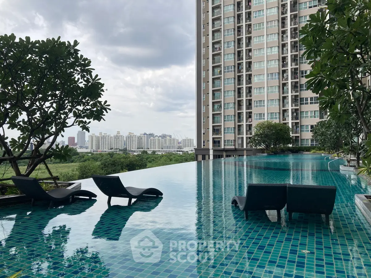 Luxurious high-rise apartment with stunning infinity pool and city skyline view.