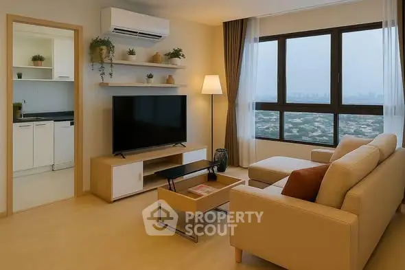 Modern living room with city view, cozy sofa, and sleek TV setup.