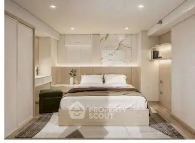 Luxurious modern bedroom with elegant decor and ambient lighting