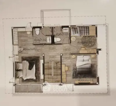 Detailed floor plan showcasing a modern two-bedroom layout with stylish interiors.