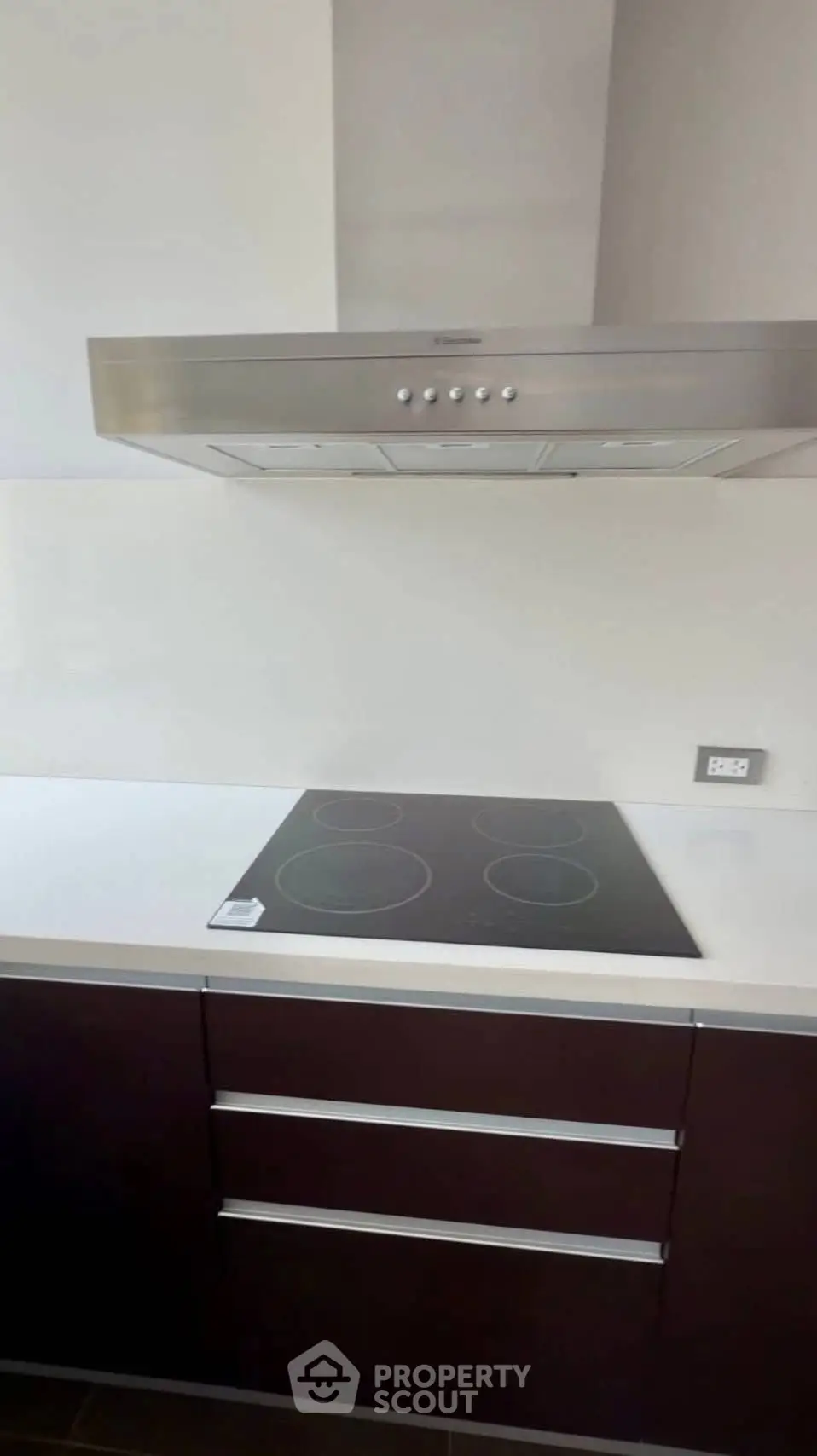 Modern kitchen with sleek electric cooktop and stainless steel range hood.