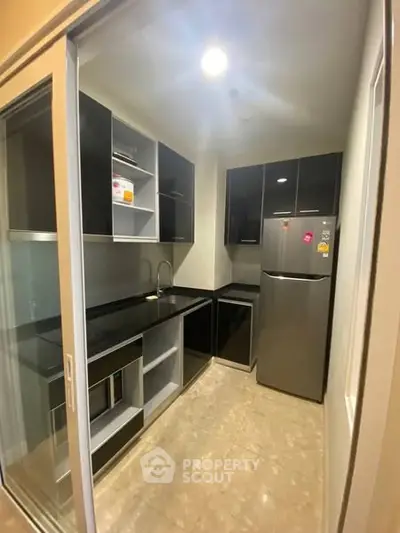 Modern kitchen with sleek black cabinets and stainless steel appliances