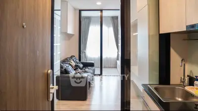 Modern apartment entrance with sleek kitchen and cozy living room