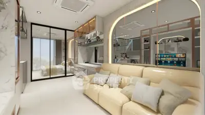 Modern living room with elegant decor, mirrored wall, and cozy beige sofa in a stylish apartment.