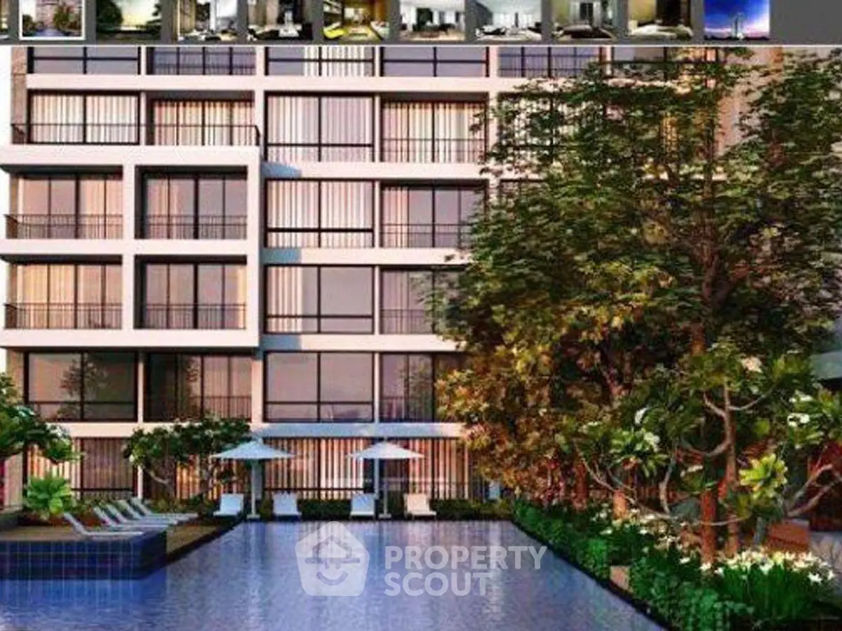 Modern apartment building with pool and lush garden, perfect for luxury living.