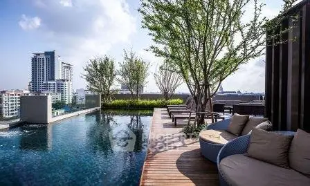 Luxurious rooftop pool with stunning city views and elegant seating area.