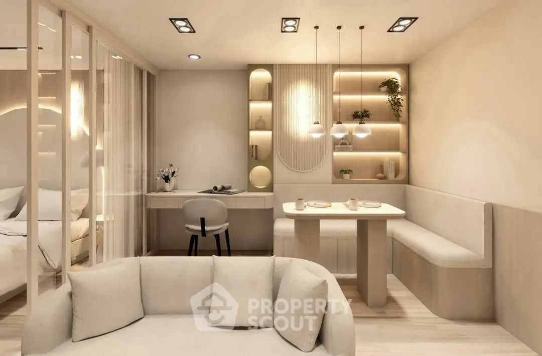 Modern living room with cozy seating and elegant dining area, featuring stylish lighting and decor.