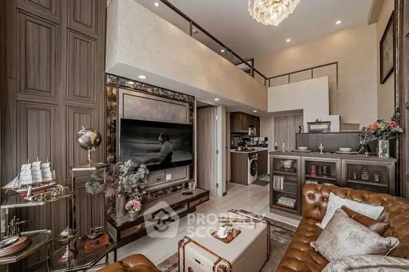 Luxurious loft-style living room with elegant decor and high ceilings