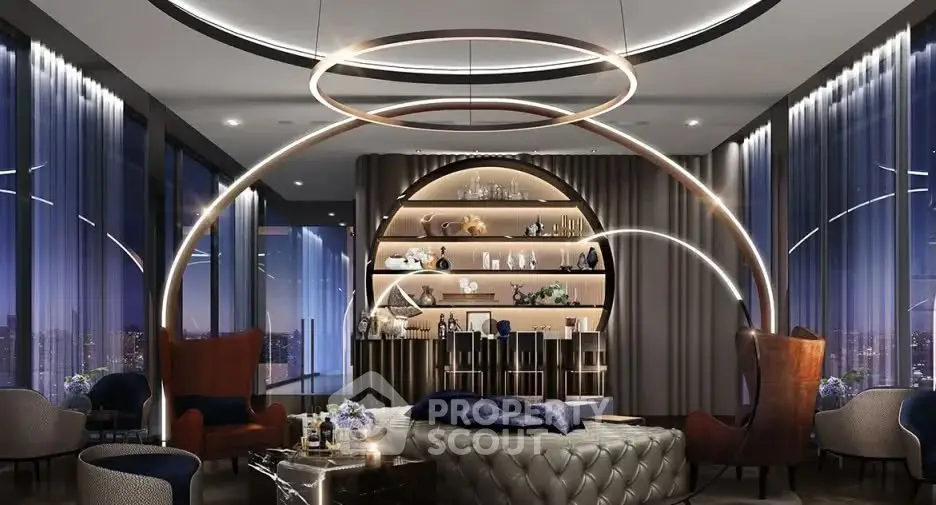 Luxurious modern living room with stunning city view and elegant lighting