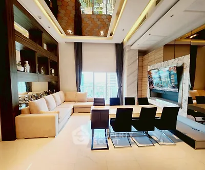 Luxurious modern living room with elegant dining area and large windows