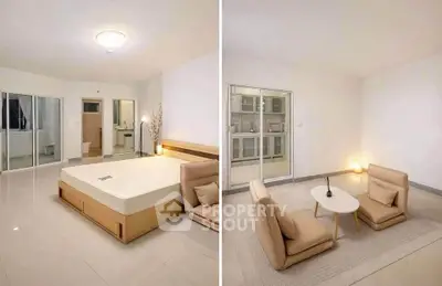 Spacious modern bedroom with minimalist decor and cozy seating area, perfect for relaxation.