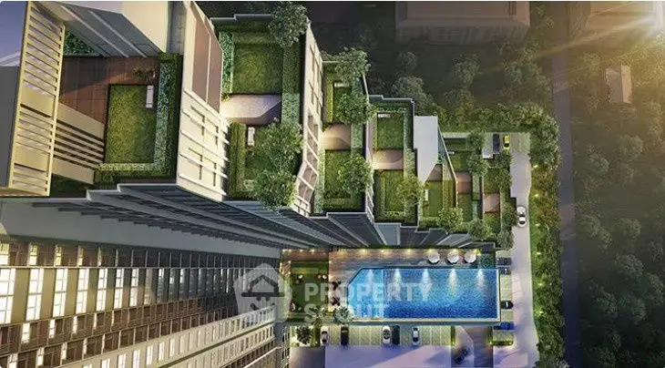 Stunning aerial view of modern high-rise building with rooftop pool and lush green terraces.