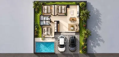 Modern architectural floor plan with pool and parking, showcasing spacious bedrooms and open living area.