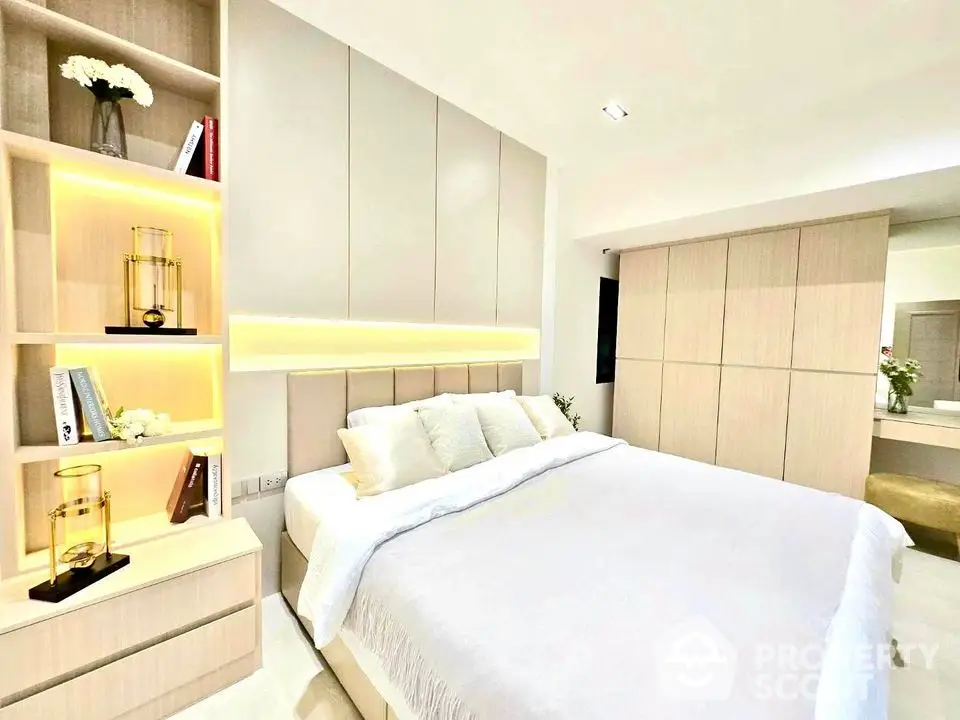 Luxurious modern bedroom with elegant decor and ambient lighting