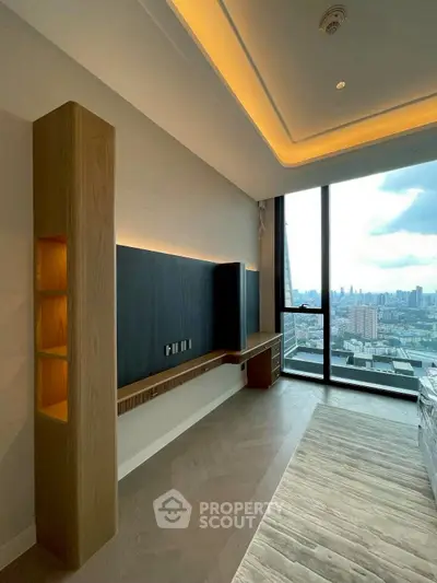 Luxurious modern bedroom with stunning city view and elegant wood accents.