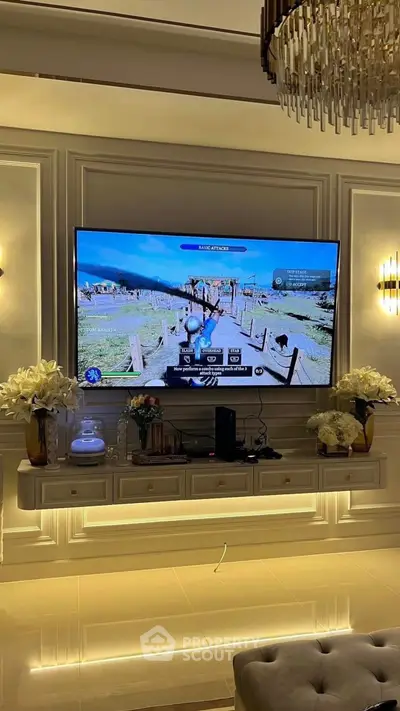 Luxurious living room with mounted TV and elegant decor