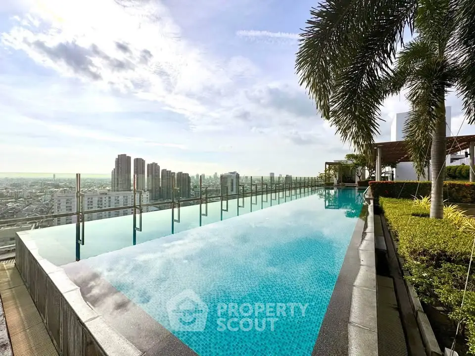 Luxurious rooftop infinity pool with stunning city skyline view, perfect for urban living enthusiasts.
