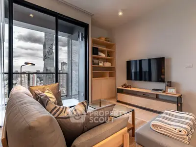Modern living room with city view, stylish furniture, and large TV, perfect for urban living.