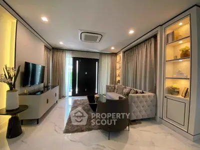 Luxurious modern living room with elegant decor and ambient lighting