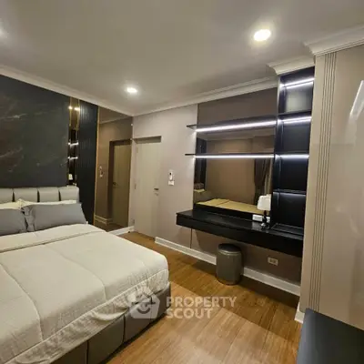 Luxurious modern bedroom with elegant decor and ambient lighting