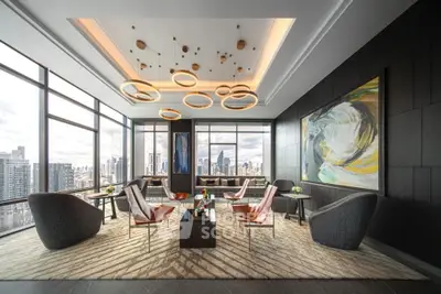 Luxurious modern living room with panoramic city views and stylish decor
