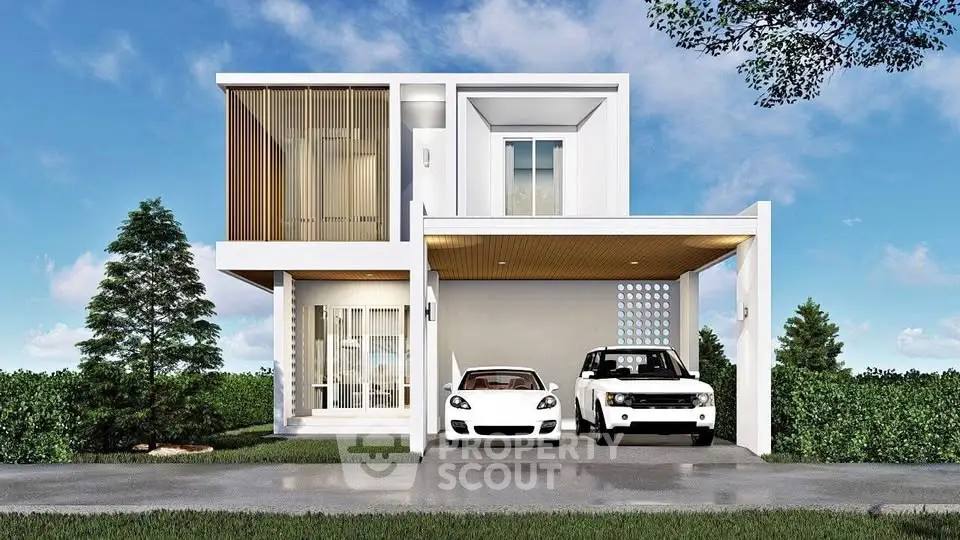 Modern two-story house with sleek design and carport, surrounded by lush greenery.