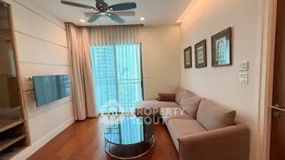 Modern living room with sleek design and city view balcony