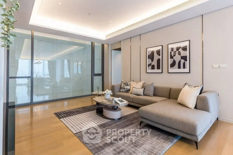 Modern living room with stylish decor and spacious seating area