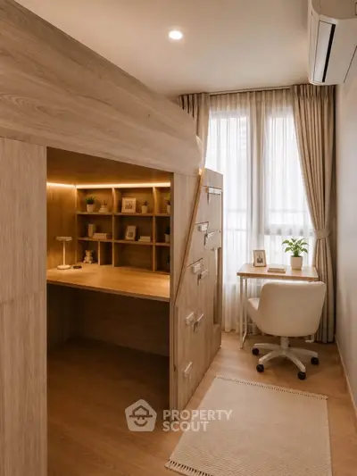 Modern study room with wooden loft bed and cozy workspace