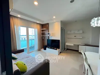 Modern living room with balcony access and stylish decor