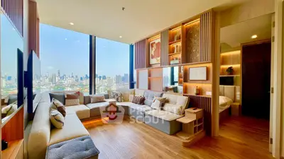 Luxurious modern living room with stunning city view and elegant decor