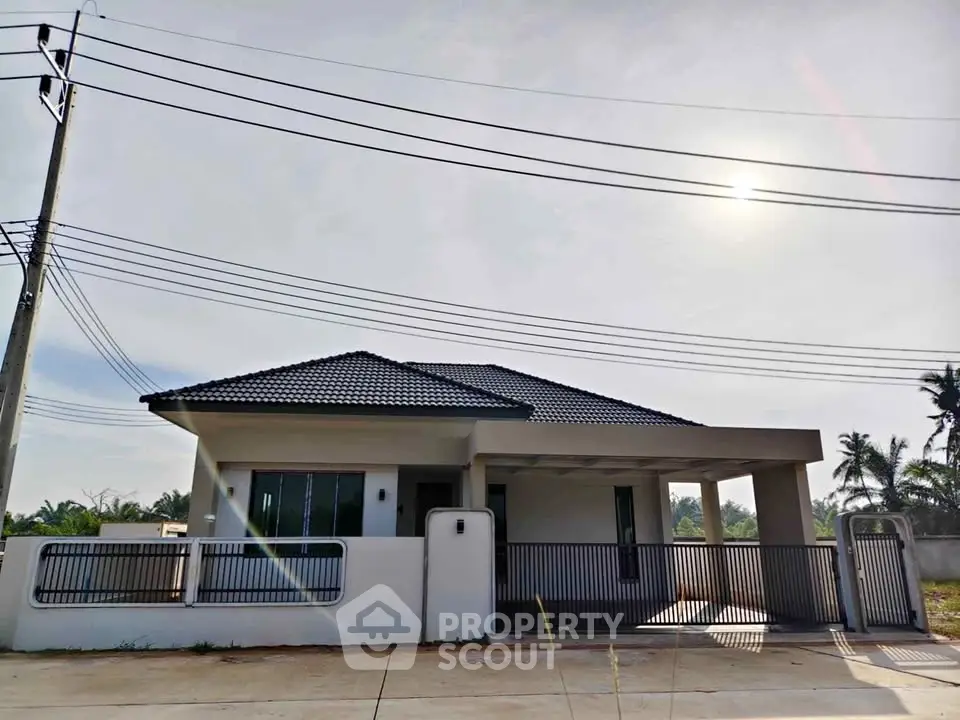 Modern single-story house with sleek design and spacious driveway in a serene neighborhood.