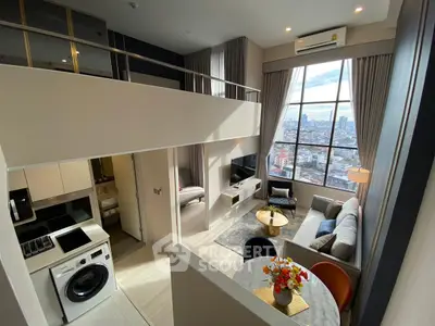 Modern loft apartment with high ceilings, large windows, and stylish interior design in urban setting.