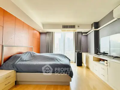 Spacious modern bedroom with city view, featuring sleek design and ample natural light.