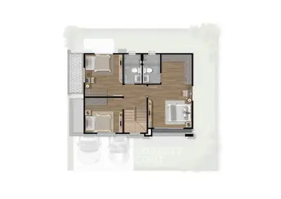 Modern floor plan showcasing three bedrooms and two bathrooms with parking space.