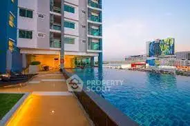 Luxurious apartment building with stunning rooftop pool and city view