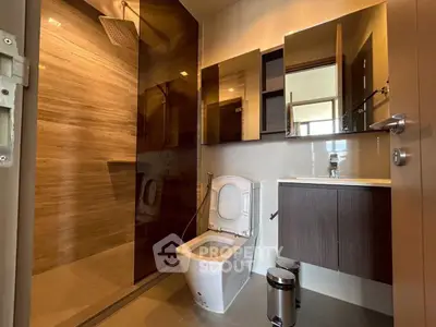 Modern bathroom with sleek design and spacious shower area