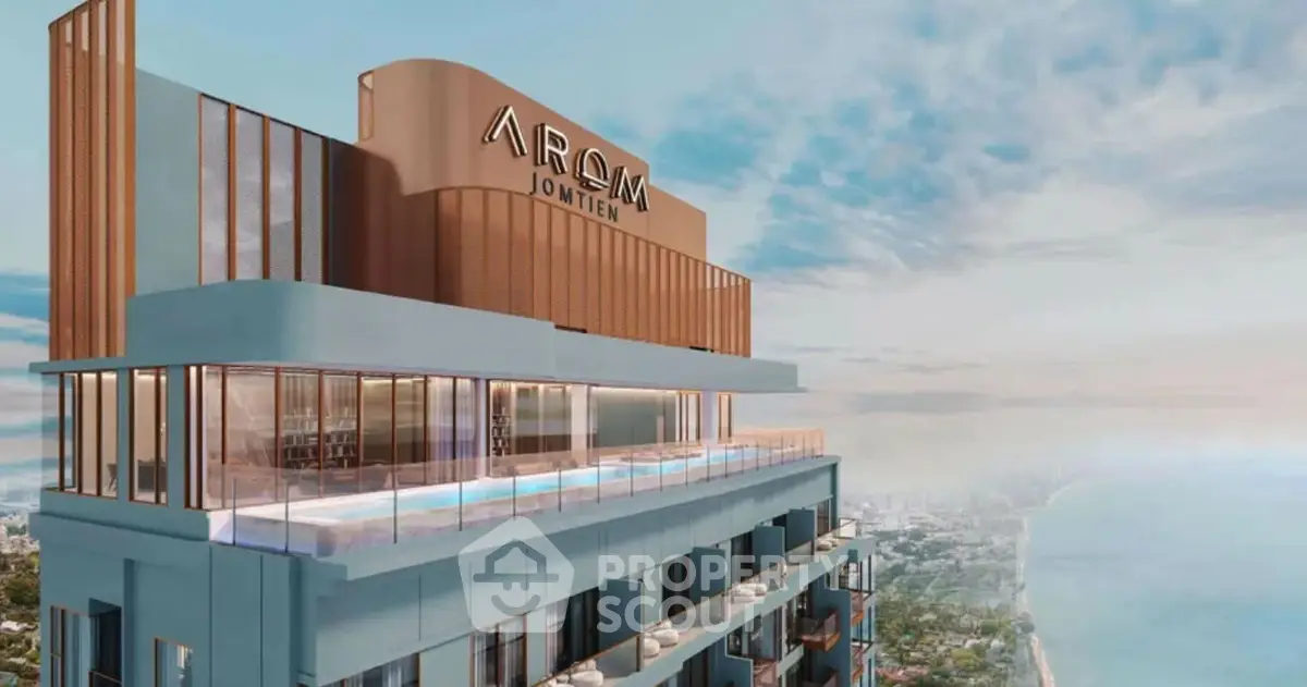 Luxurious high-rise building with stunning rooftop pool and panoramic ocean views.