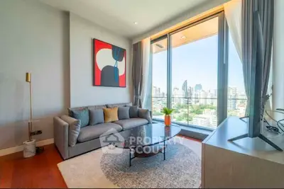 Modern living room with stunning city view and stylish decor
