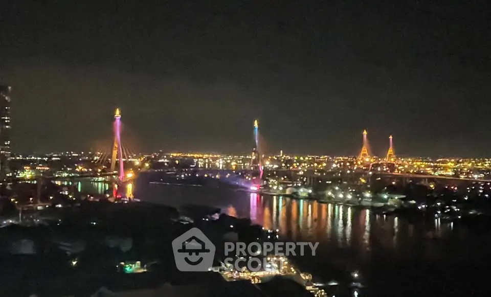 Stunning night view of illuminated cityscape with river and bridges, perfect for urban living enthusiasts.
